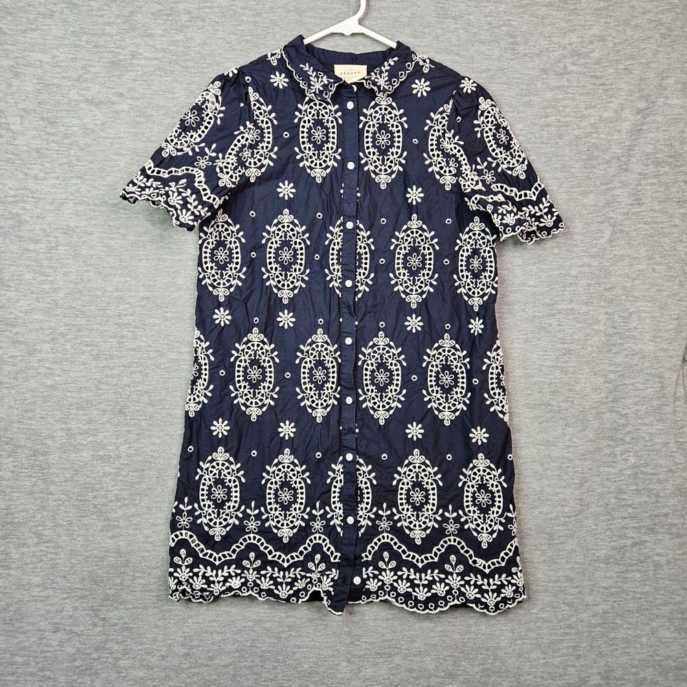 Sezane Elvina Eyelet Embroidered Cotton Shirt Dress Sz 38 US 6